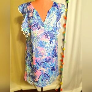 Lilly Pulitzer Linen pom pom Mini Dress XXS lined under the ocean print Sirens